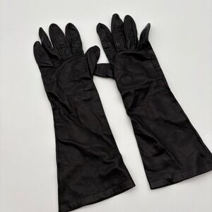 Vintage Gimbels Black Leather Opera Length Gloves Made in Italy Size 7 Blue Line